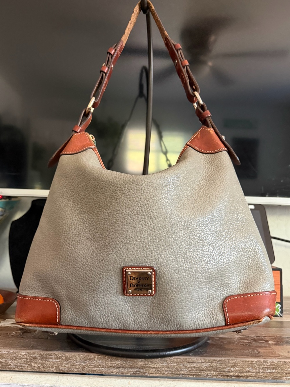 Dooney & Bourke Gray Pebble Leather Shoulder Bag with Brown Trim